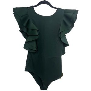 Women’s SHEIN Unity Layered Green Ruffle Armhole Solid Bodysuit